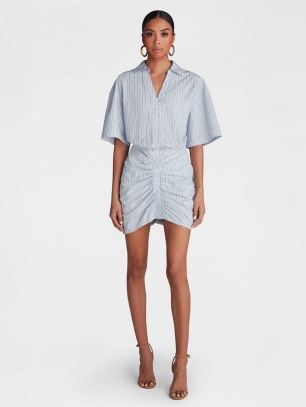 KBB: KAHLANA : Short Sleeve Shirt Striped Light Blue Ruched Mini Dress NWT